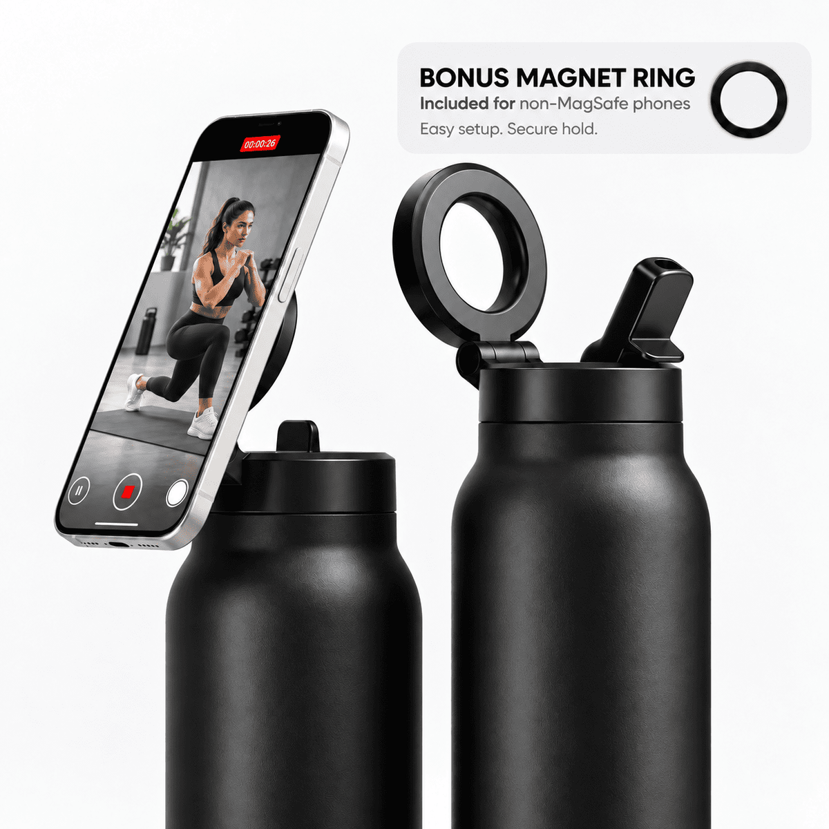 Magnetic Insulated Water Bottle with Phone Holder