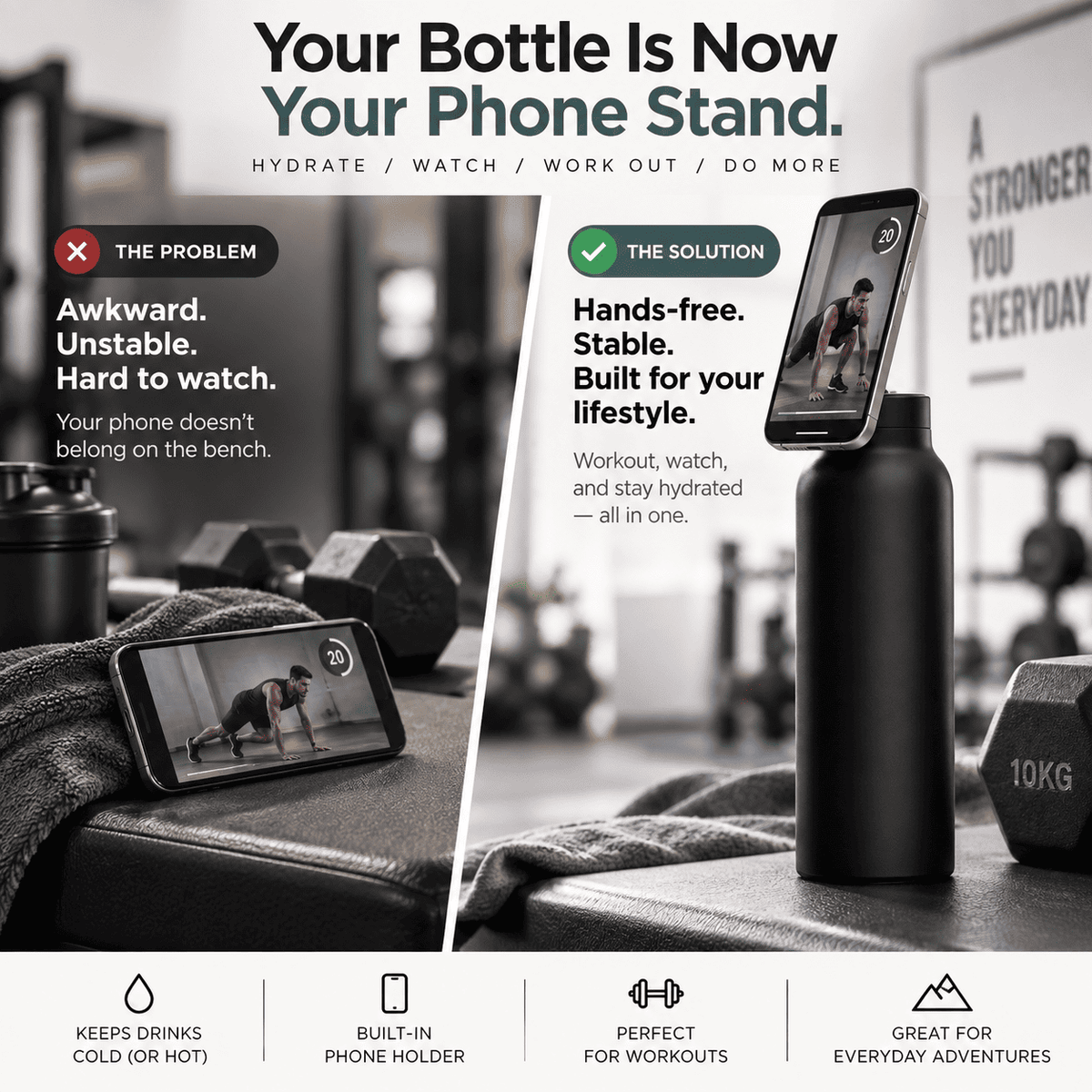 Magnetic Insulated Water Bottle with Phone Holder