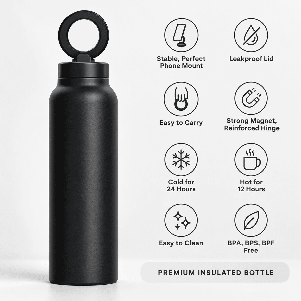 Magnetic Insulated Water Bottle with Phone Holder