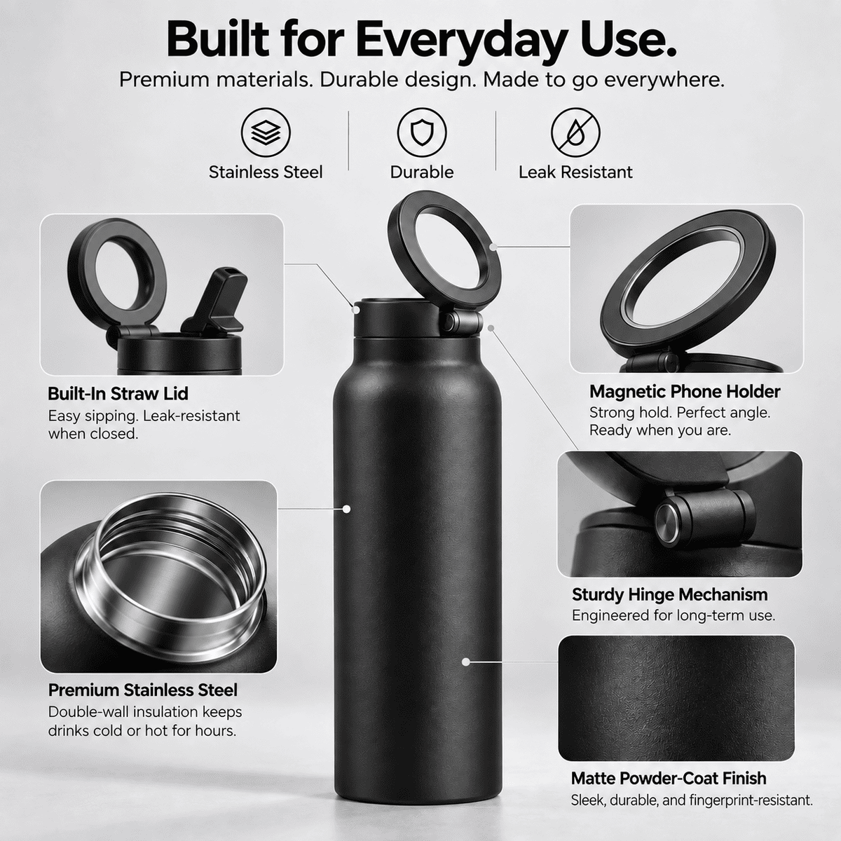 Magnetic Insulated Water Bottle with Phone Holder