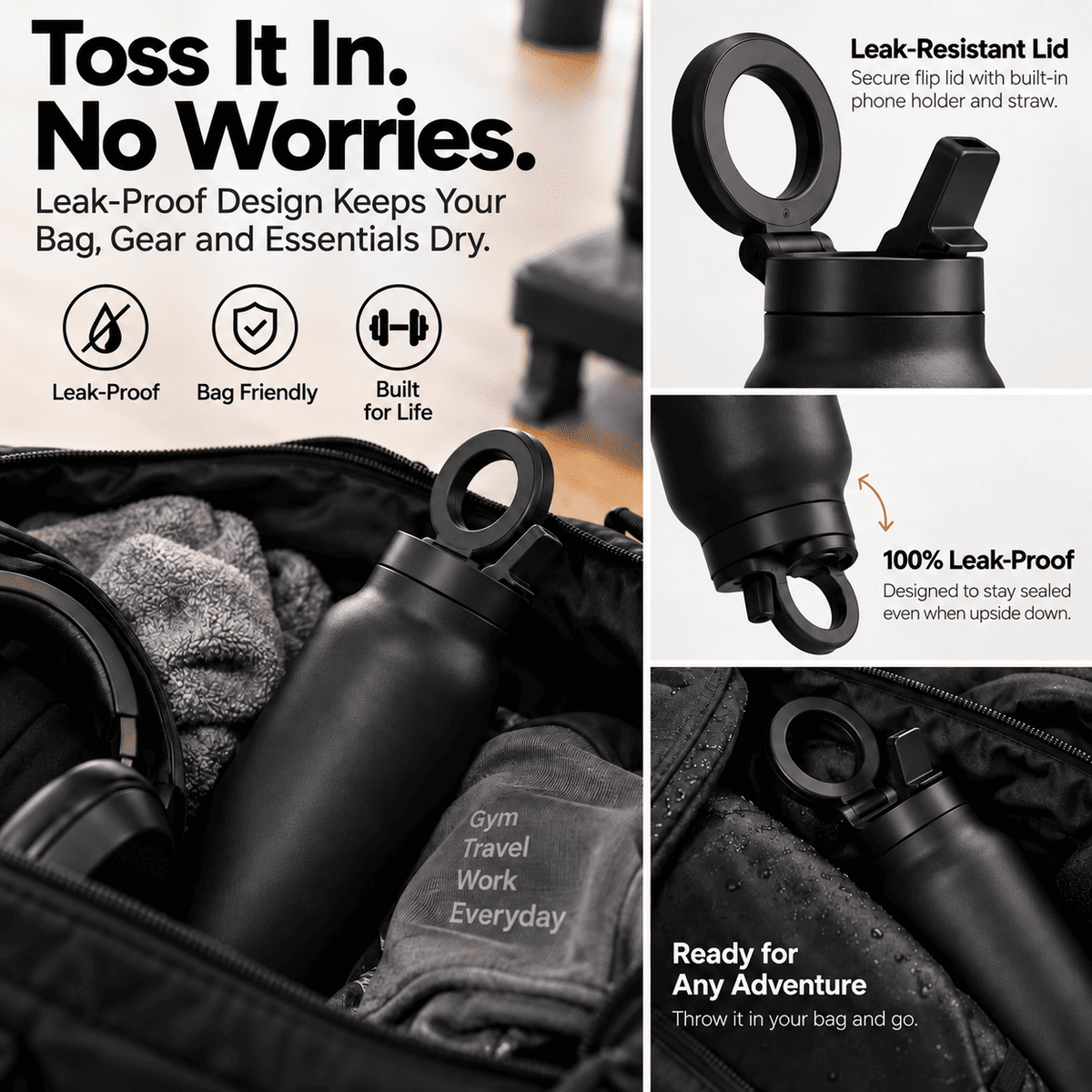 Magnetic Insulated Water Bottle with Phone Holder