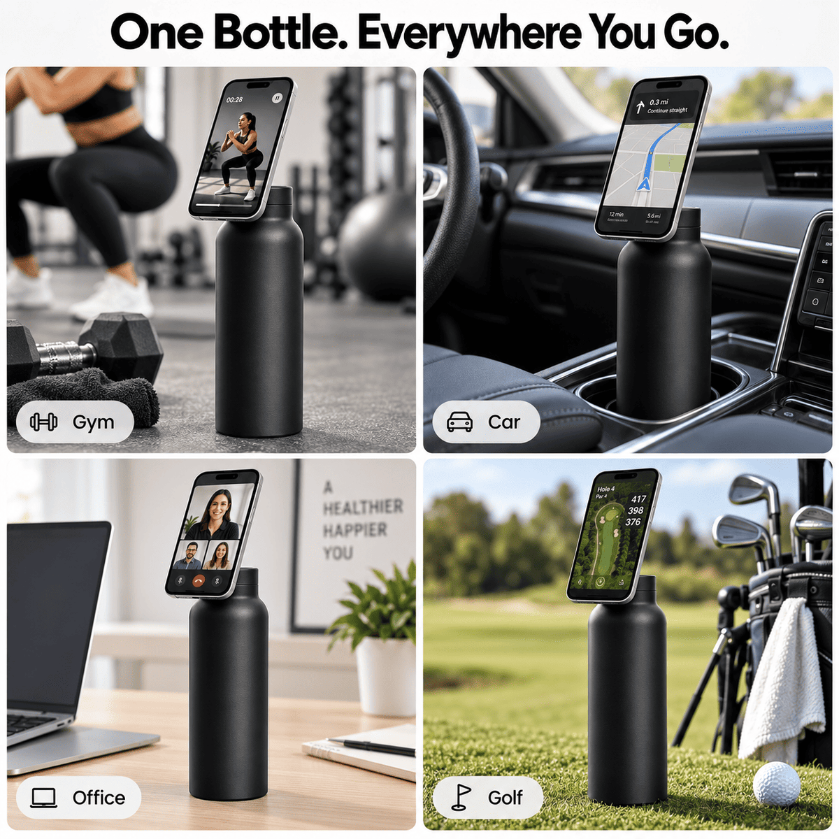 Magnetic Insulated Water Bottle with Phone Holder
