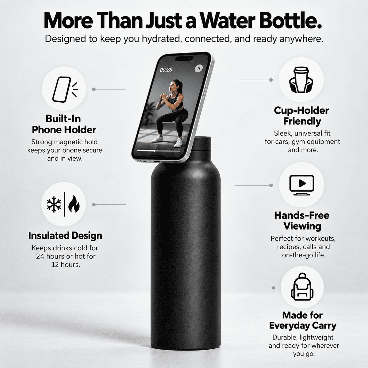 Magnetic Insulated Water Bottle with Phone Holder