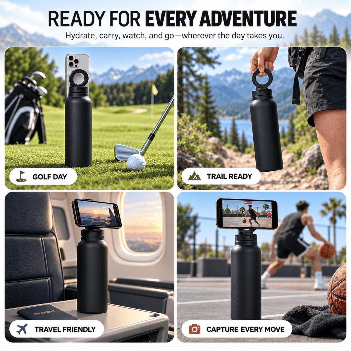 Magnetic Insulated Water Bottle with Phone Holder