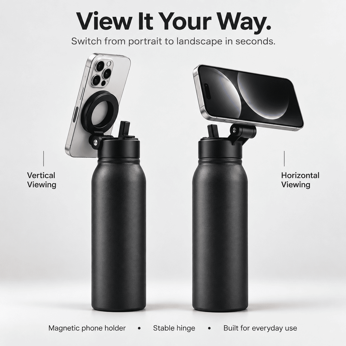 Magnetic Insulated Water Bottle with Phone Holder