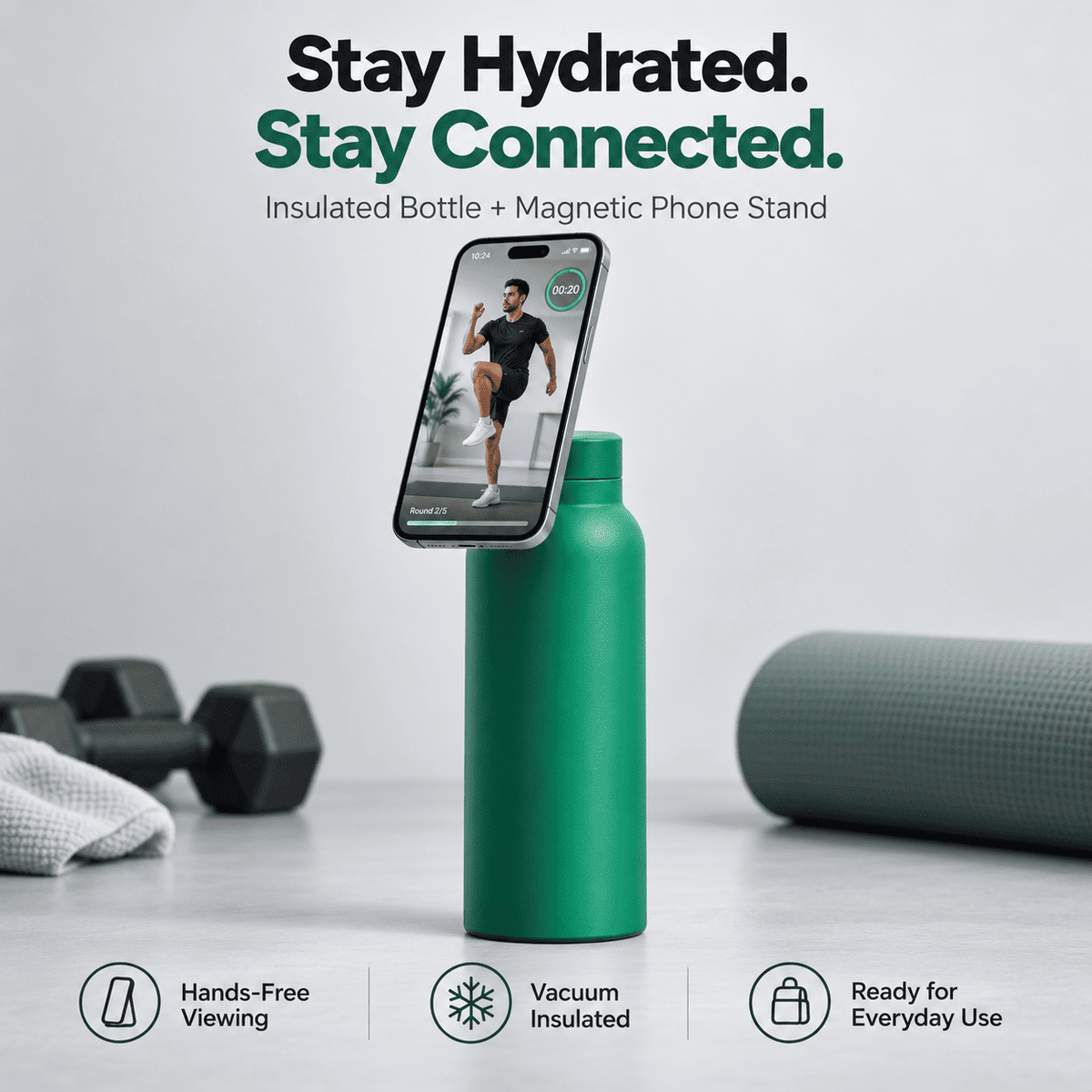 Magnetic Insulated Water Bottle with Phone Holder