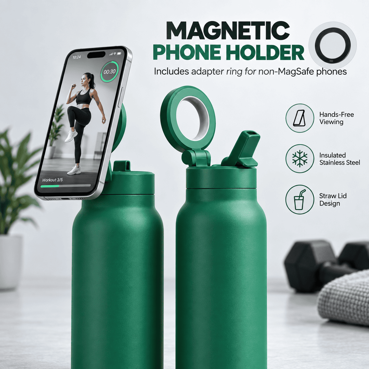 Magnetic Insulated Water Bottle with Phone Holder