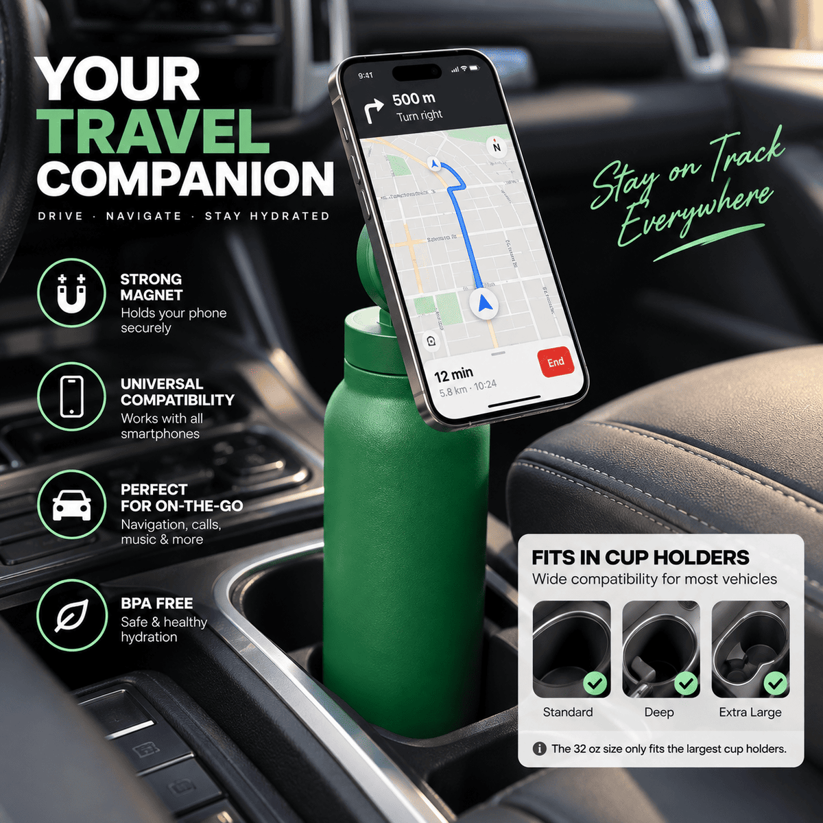 Magnetic Insulated Water Bottle with Phone Holder