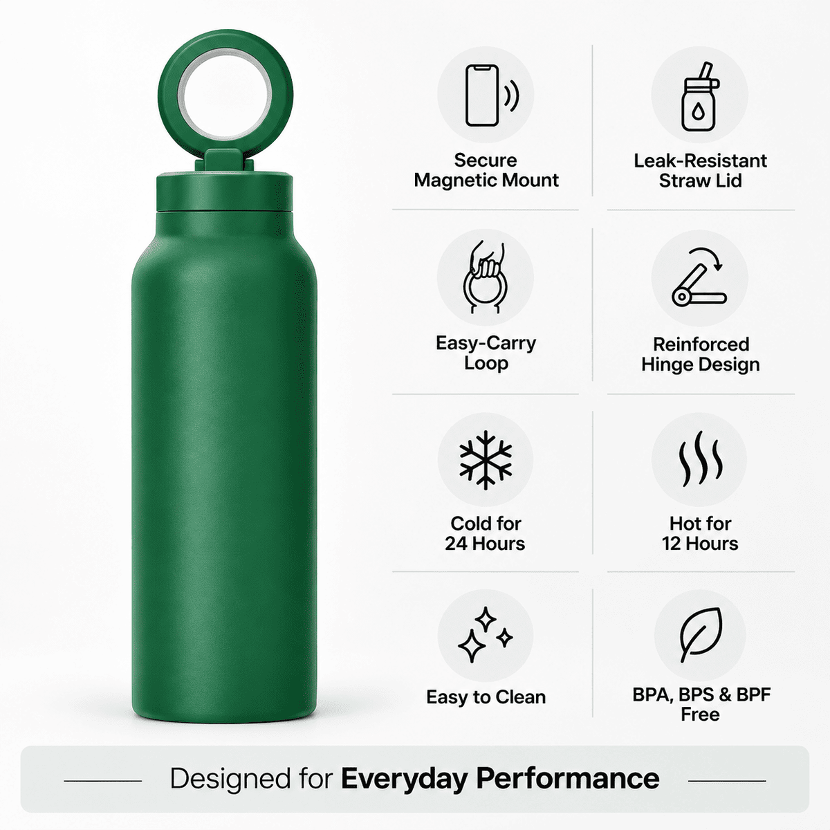 Magnetic Insulated Water Bottle with Phone Holder