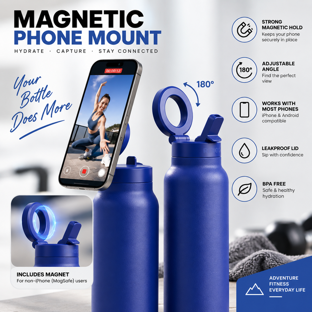 Magnetic Insulated Water Bottle with Phone Holder
