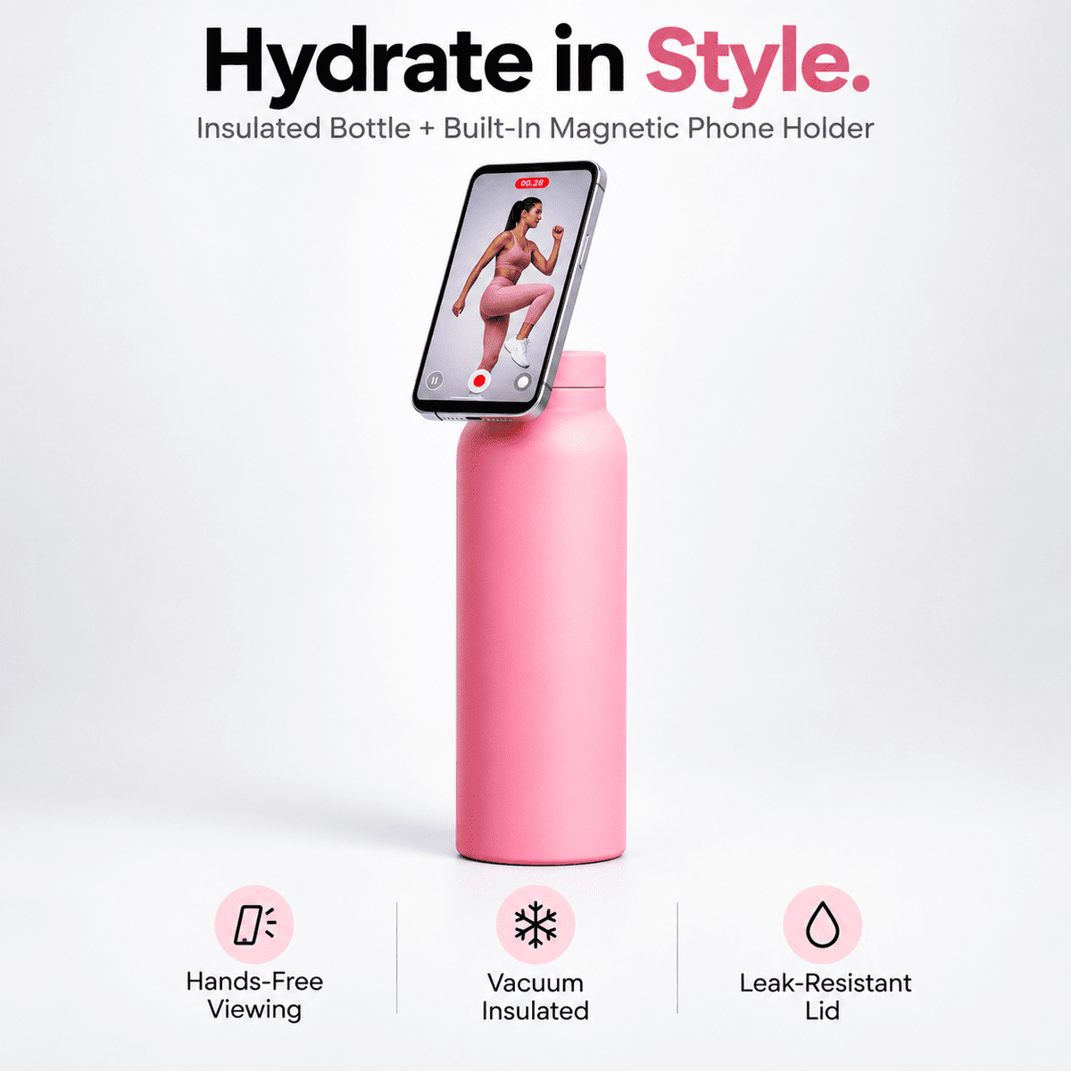 Magnetic Insulated Water Bottle with Phone Holder