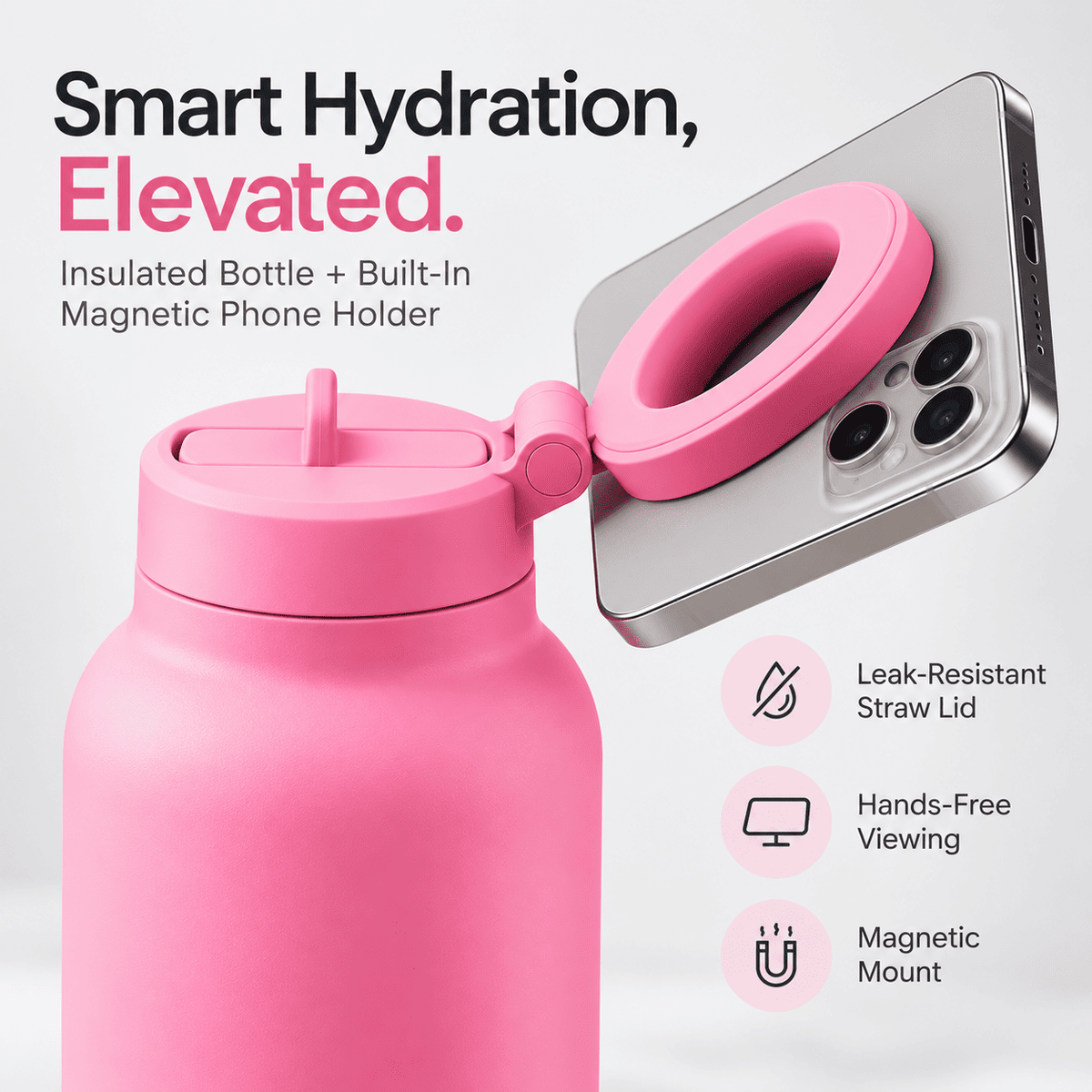 Magnetic Insulated Water Bottle with Phone Holder