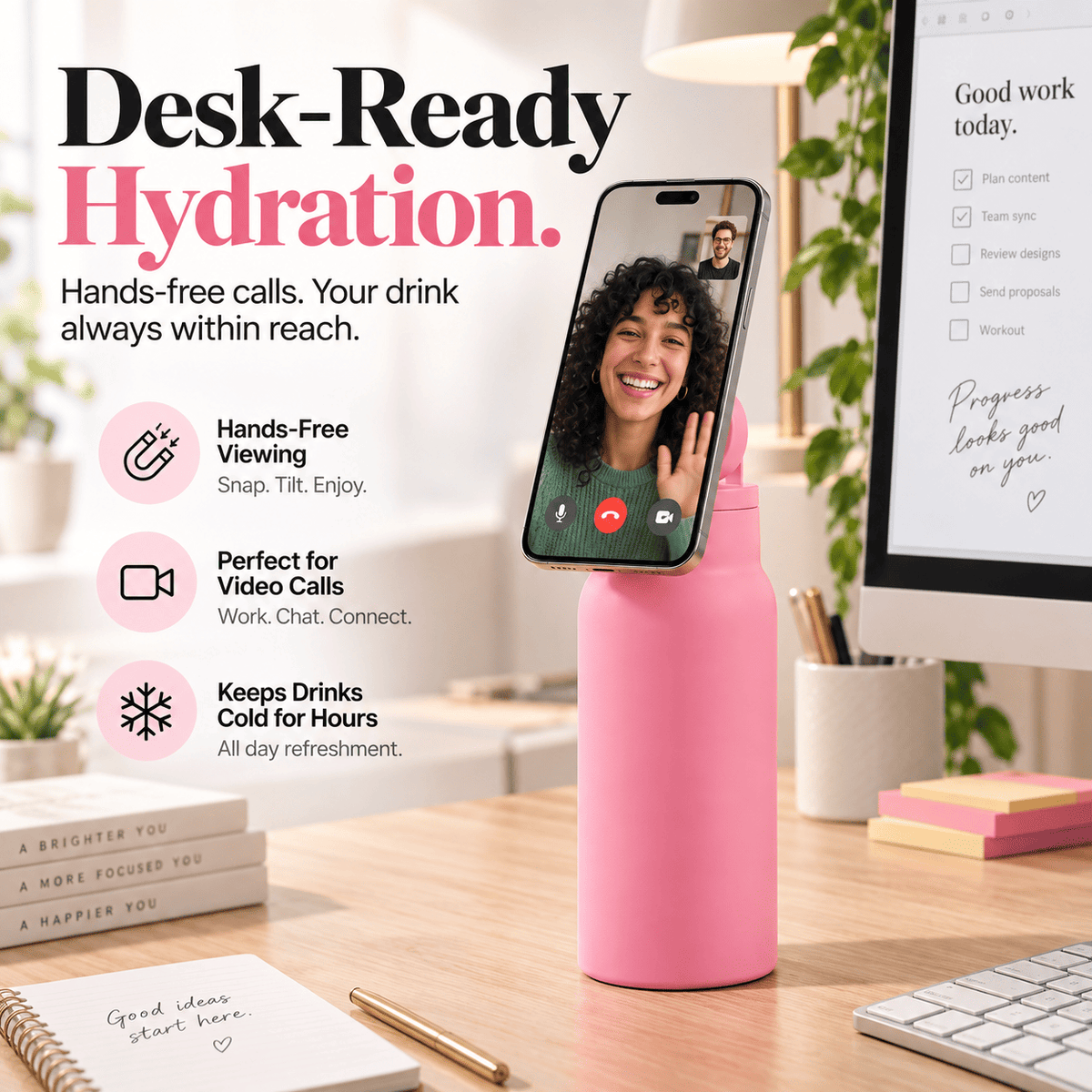 Magnetic Insulated Water Bottle with Phone Holder
