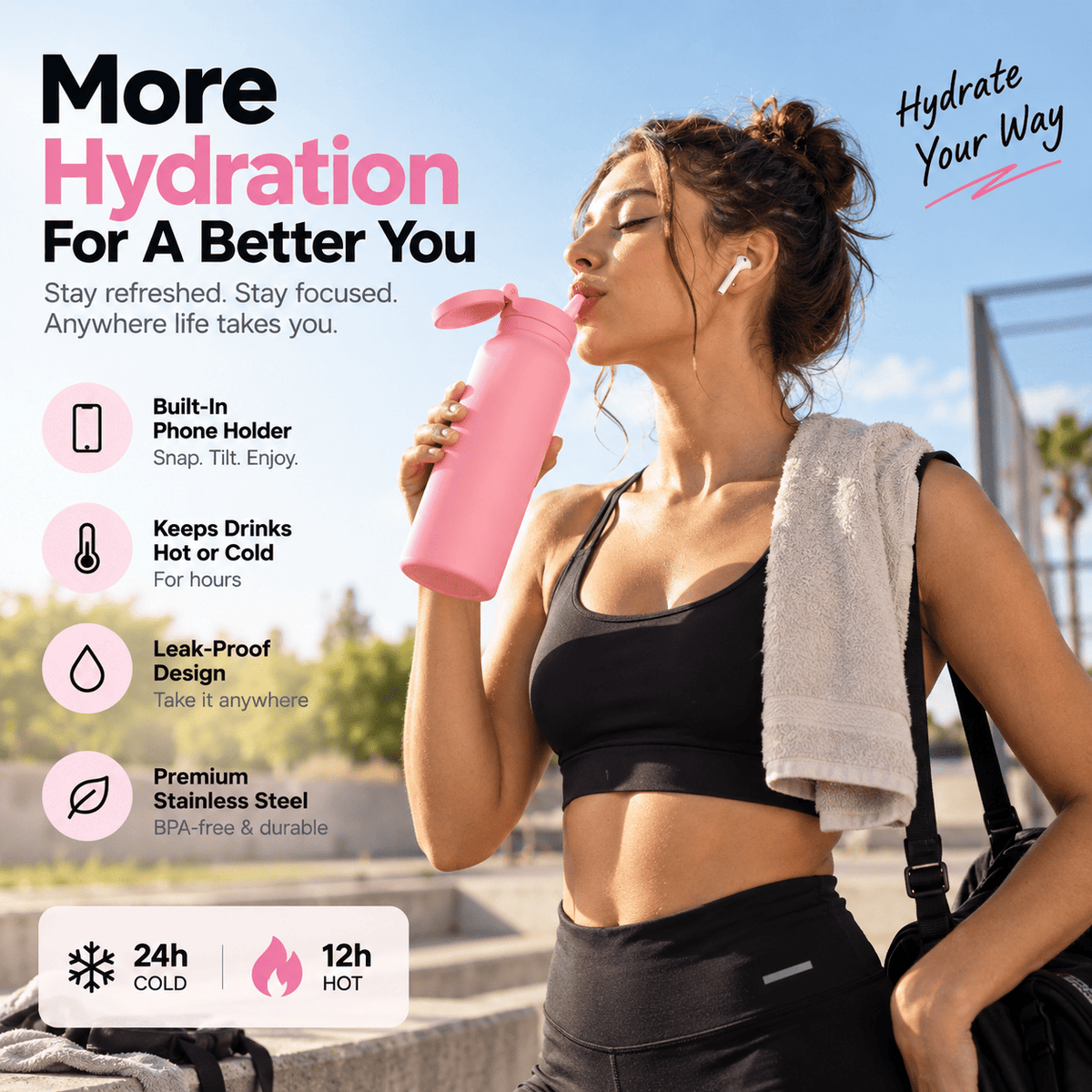 Magnetic Insulated Water Bottle with Phone Holder