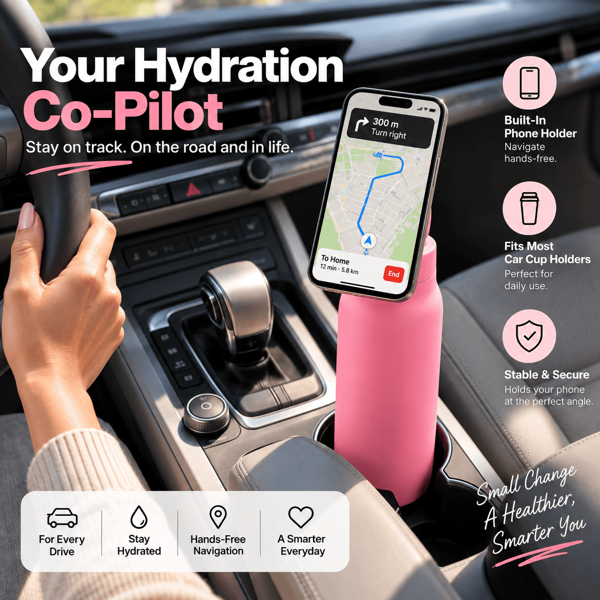 Magnetic Insulated Water Bottle with Phone Holder