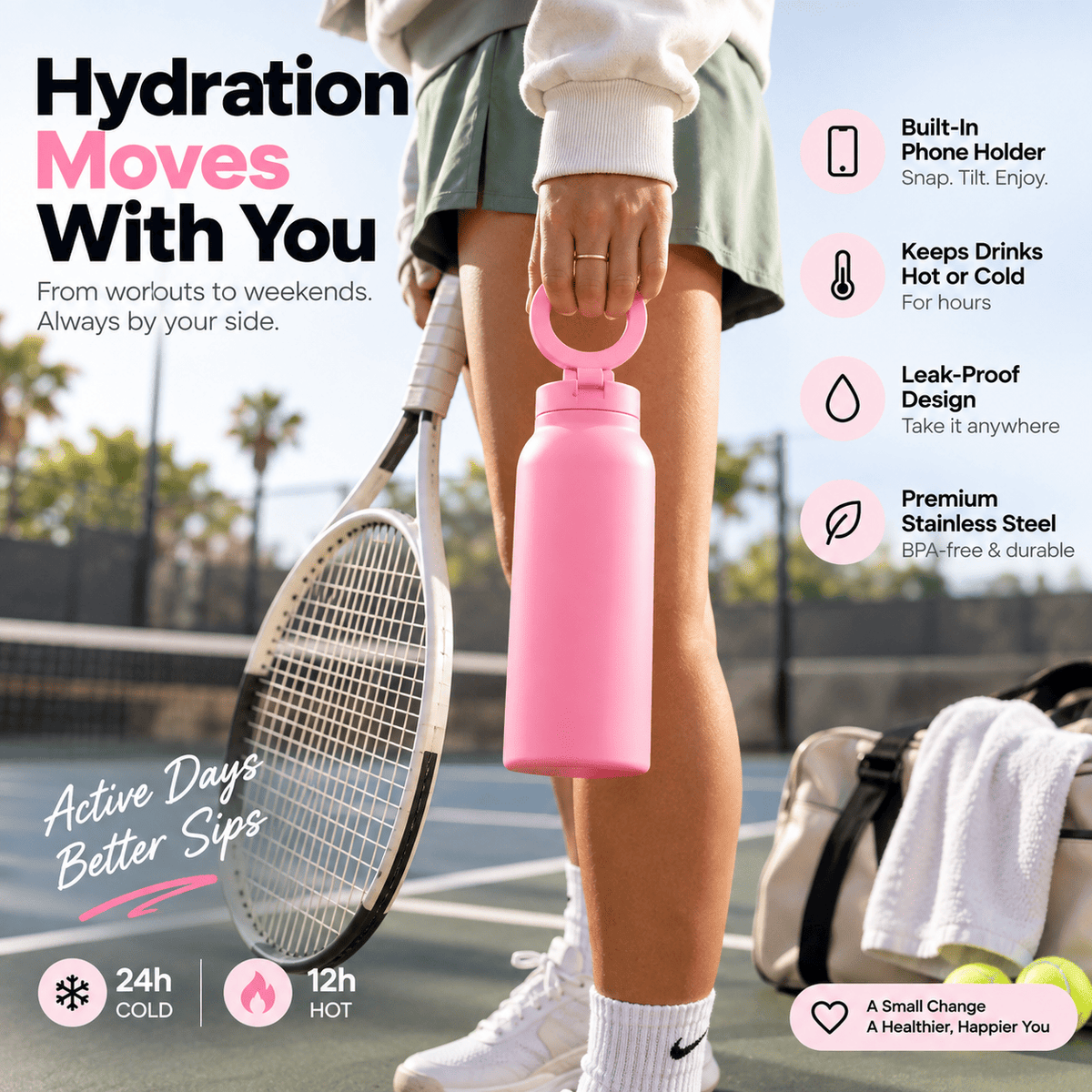 Magnetic Insulated Water Bottle with Phone Holder