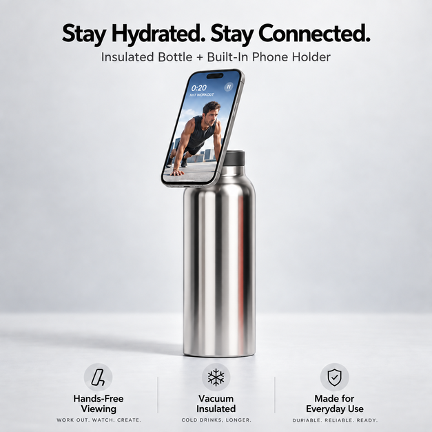 Magnetic Insulated Water Bottle with Phone Holder