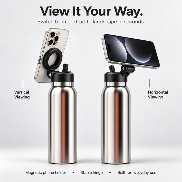 Magnetic Insulated Water Bottle with Phone Holder