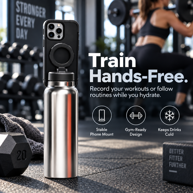 Magnetic Insulated Water Bottle with Phone Holder
