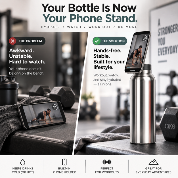 Magnetic Insulated Water Bottle with Phone Holder