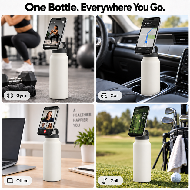 Magnetic Insulated Water Bottle with Phone Holder