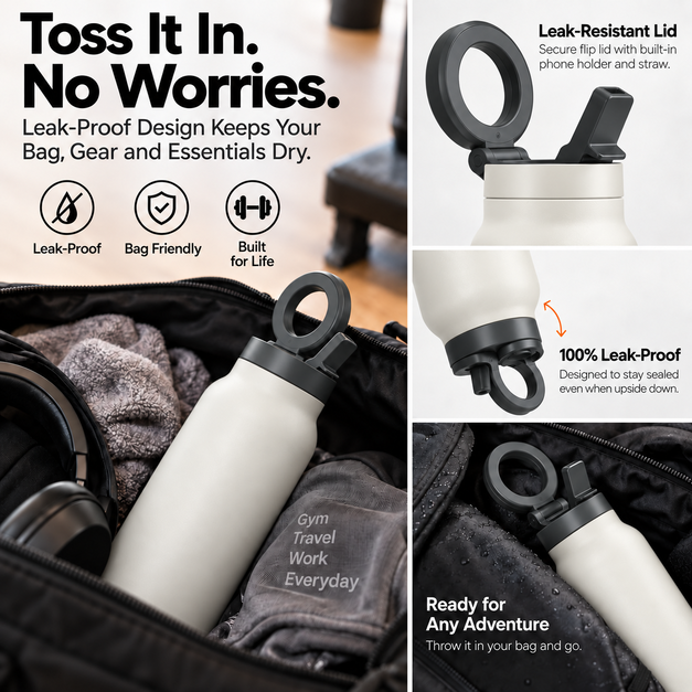 Magnetic Insulated Water Bottle with Phone Holder