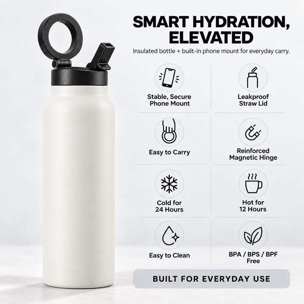 Magnetic Insulated Water Bottle with Phone Holder
