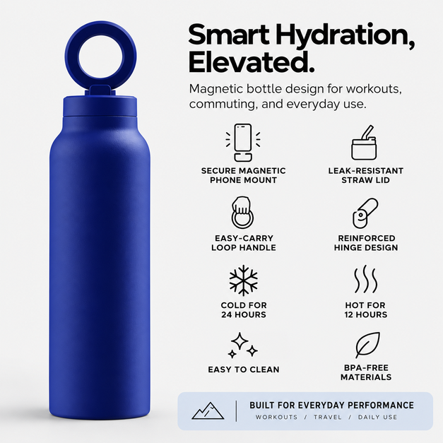 Magnetic Insulated Water Bottle with Phone Holder